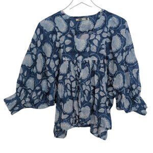 Dolma Floral Shirt Womens One Size Blue Boho Lightweight Cotton Dolman Sleeve